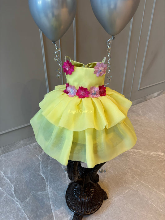 Lemon Organza Applique Flower Dress