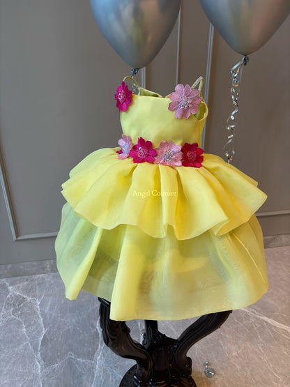 Lemon Organza Applique Flower Dress