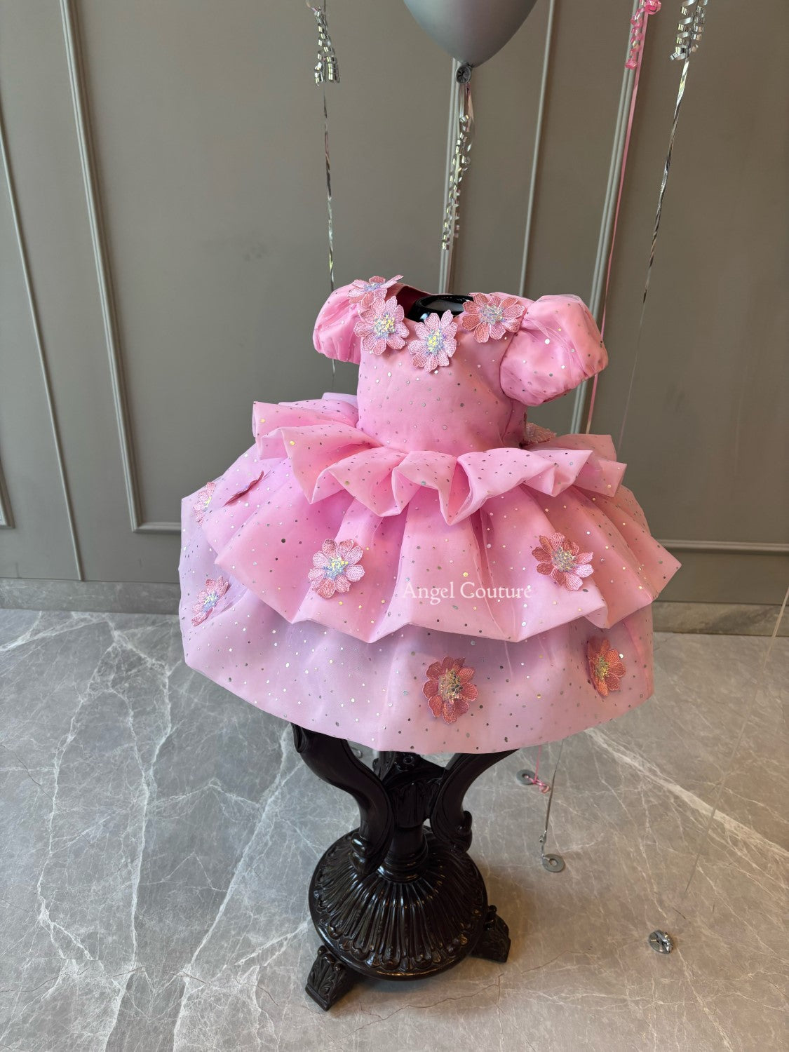 Lotus Pink Applique Flower Organza Dress