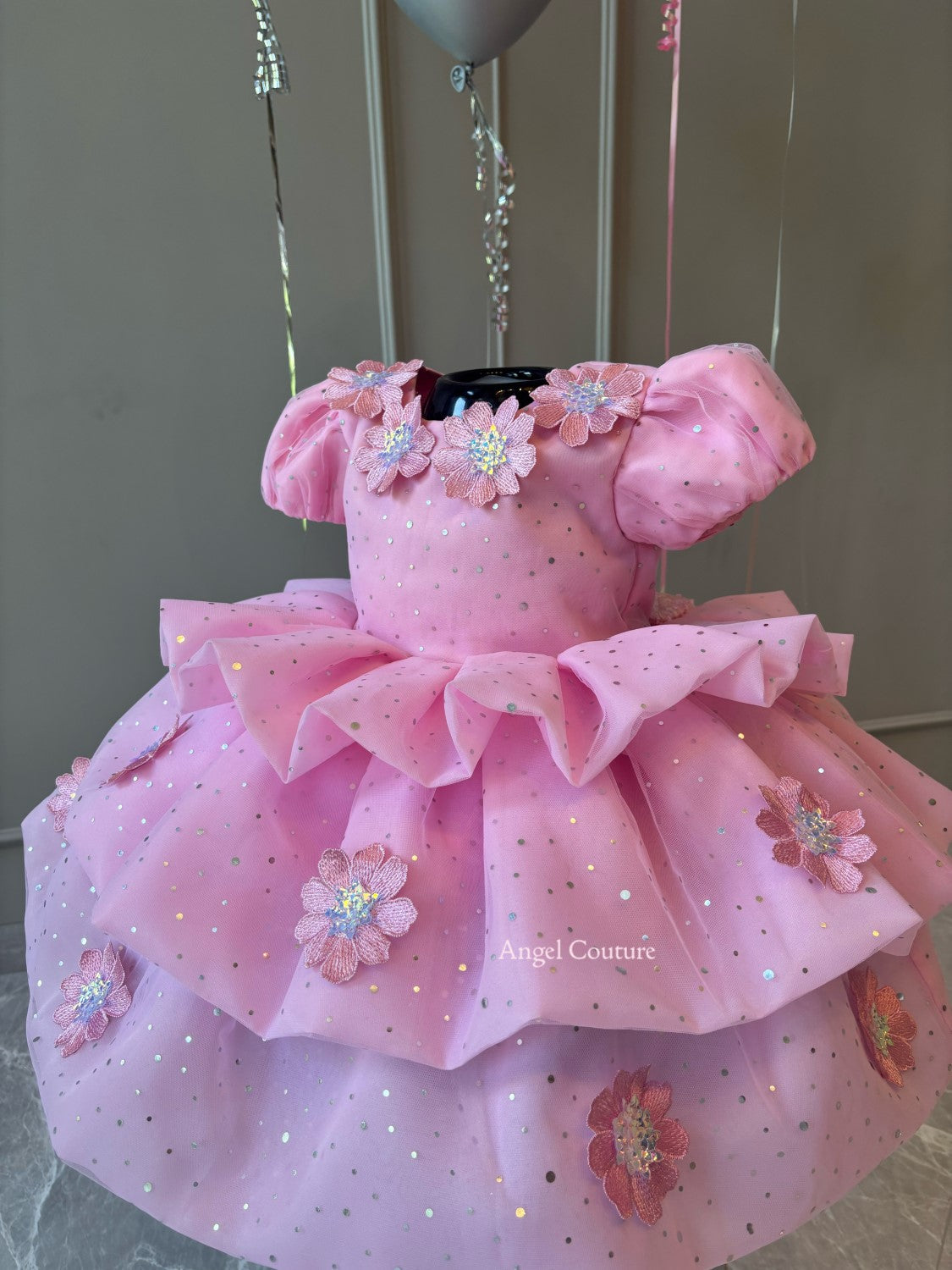 Lotus Pink Applique Flower Organza Dress