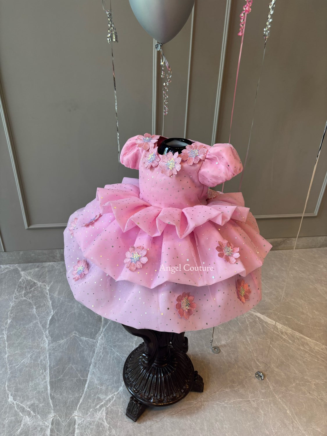 Lotus Pink Applique Flower Organza Dress