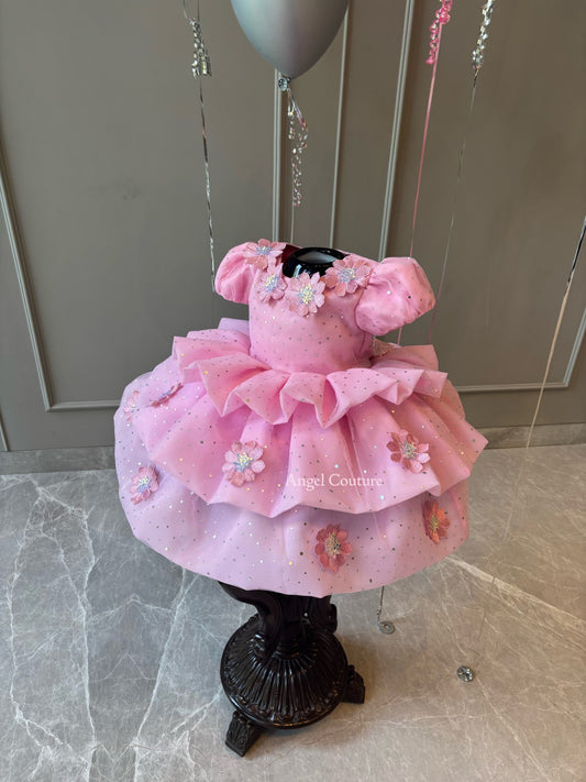 Lotus Pink Applique Flower Organza Dress