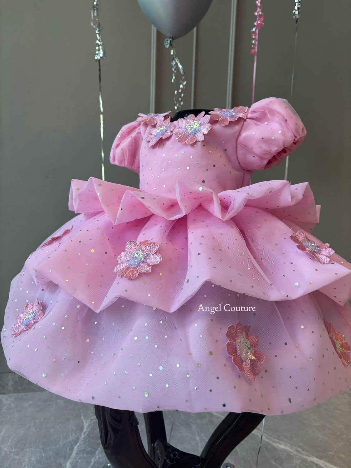Lotus Pink Applique Flower Organza Dress