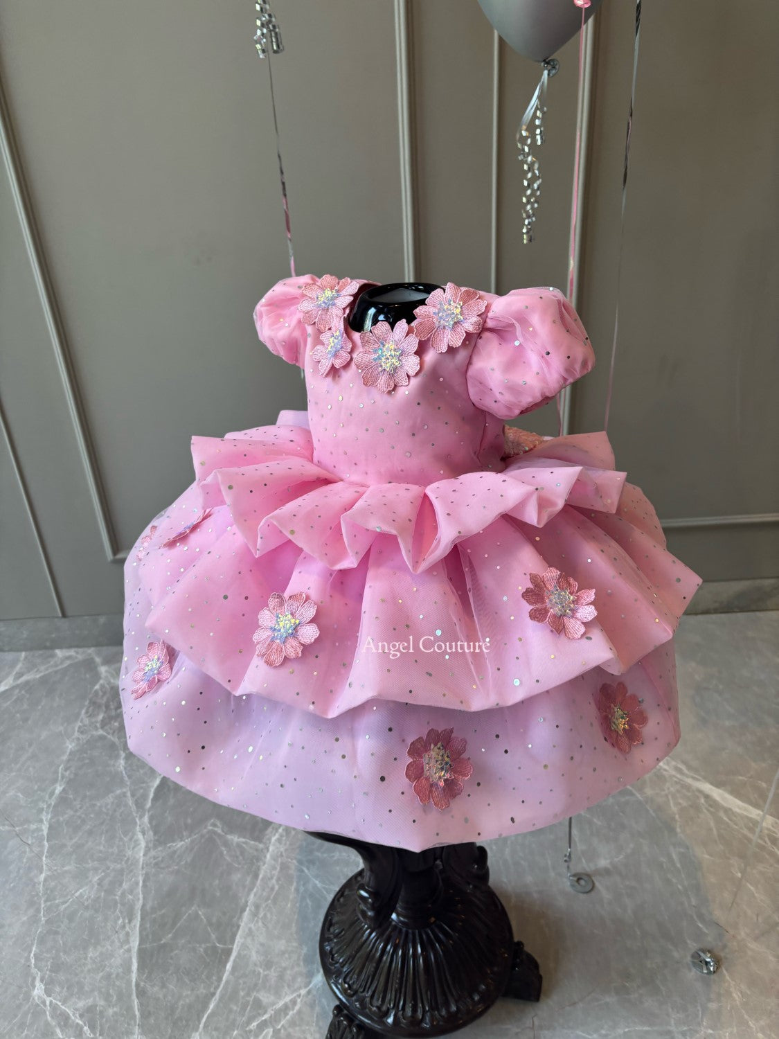 Lotus Pink Applique Flower Organza Dress