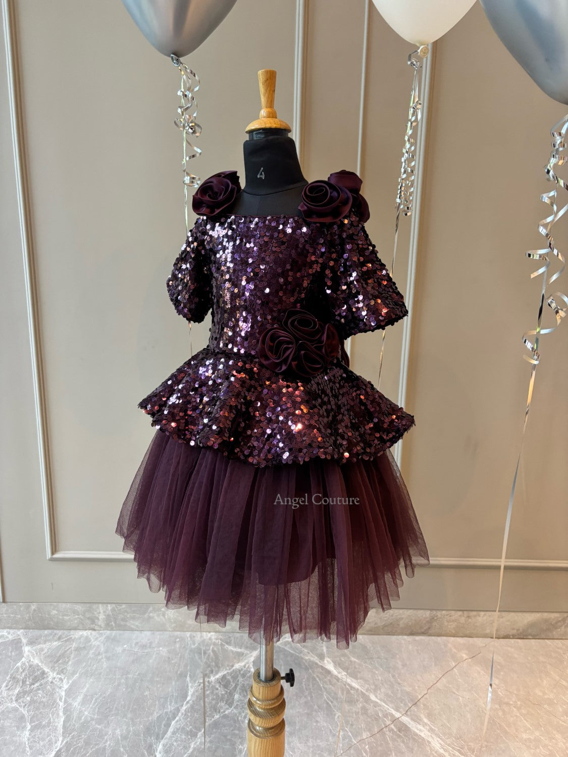 Wine Sequence Peplum Satin Rose Dress