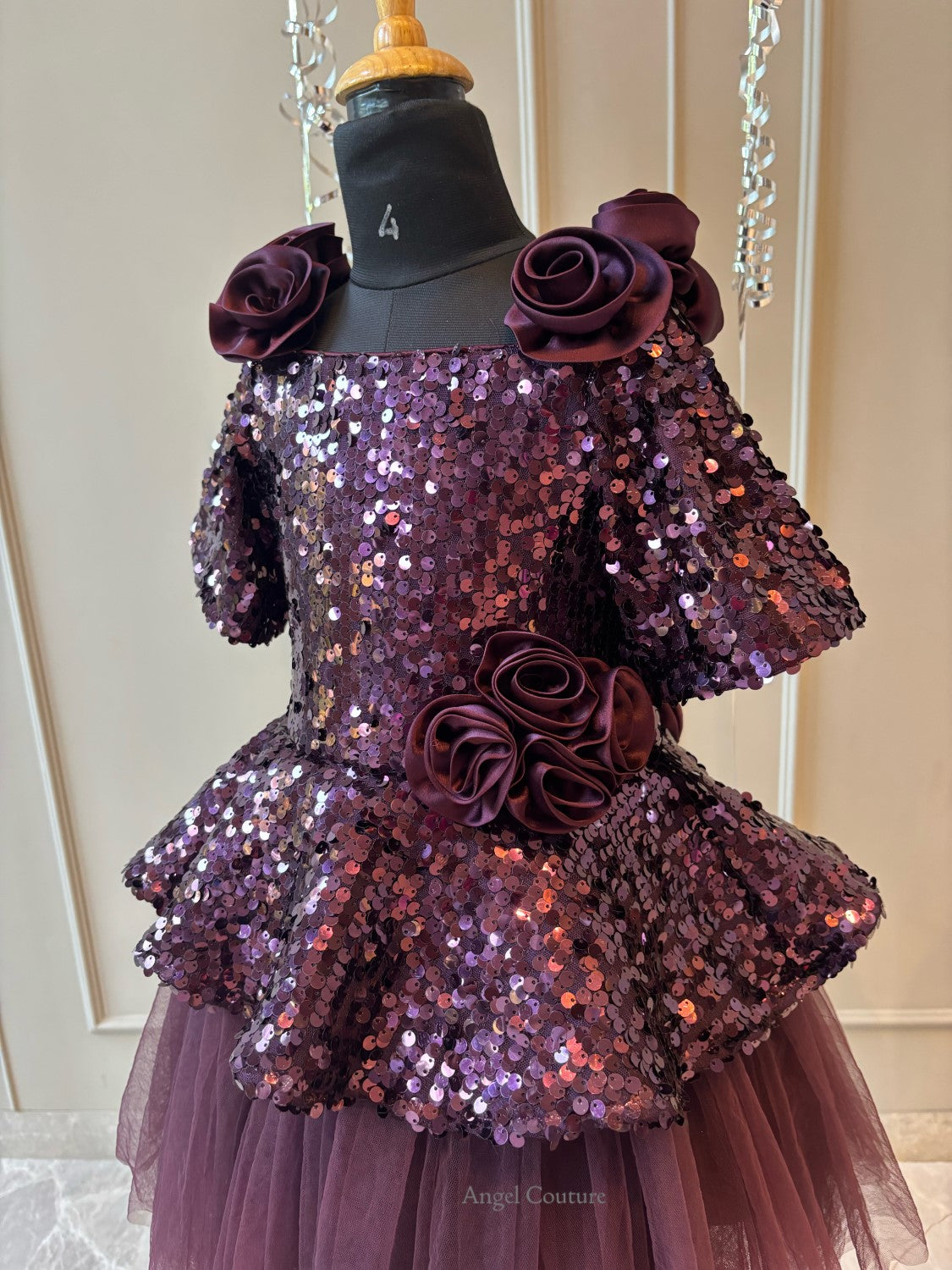 Wine Sequence Peplum Satin Rose Dress