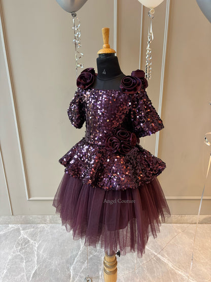 Wine Sequence Peplum Satin Rose Dress