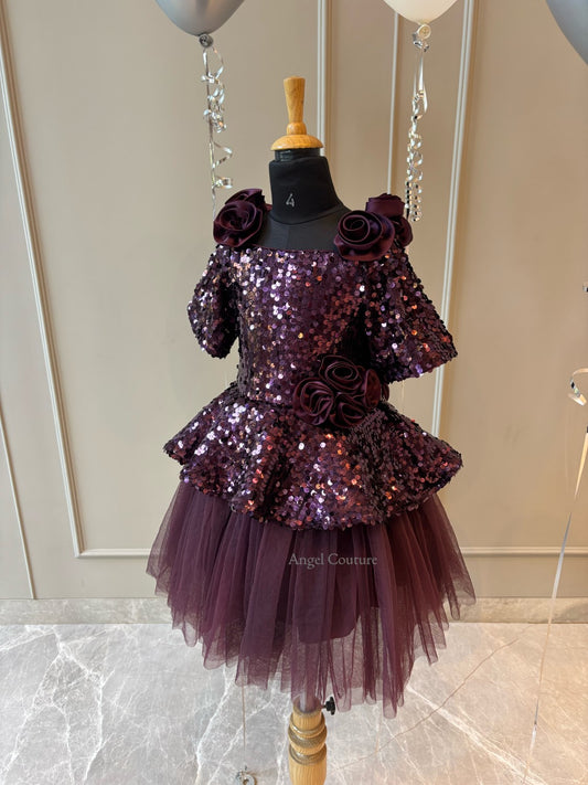 Wine Sequence Peplum Satin Rose Dress