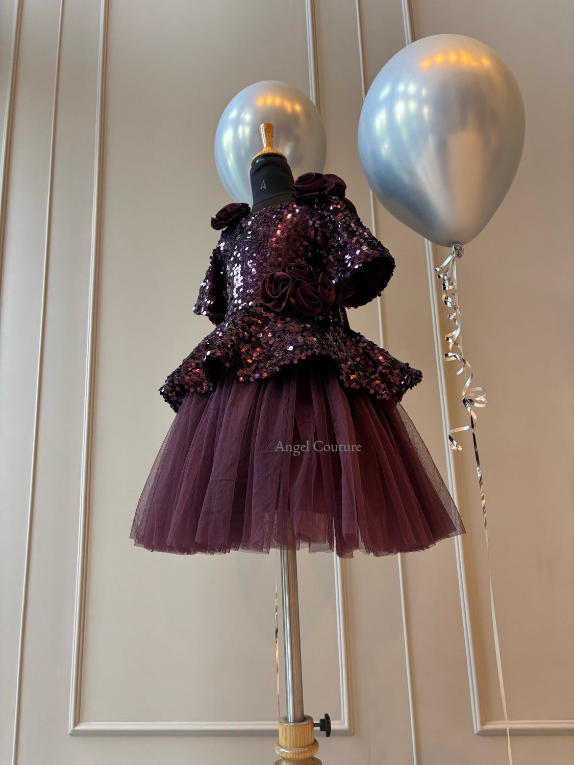 Wine Sequence Peplum Satin Rose Dress