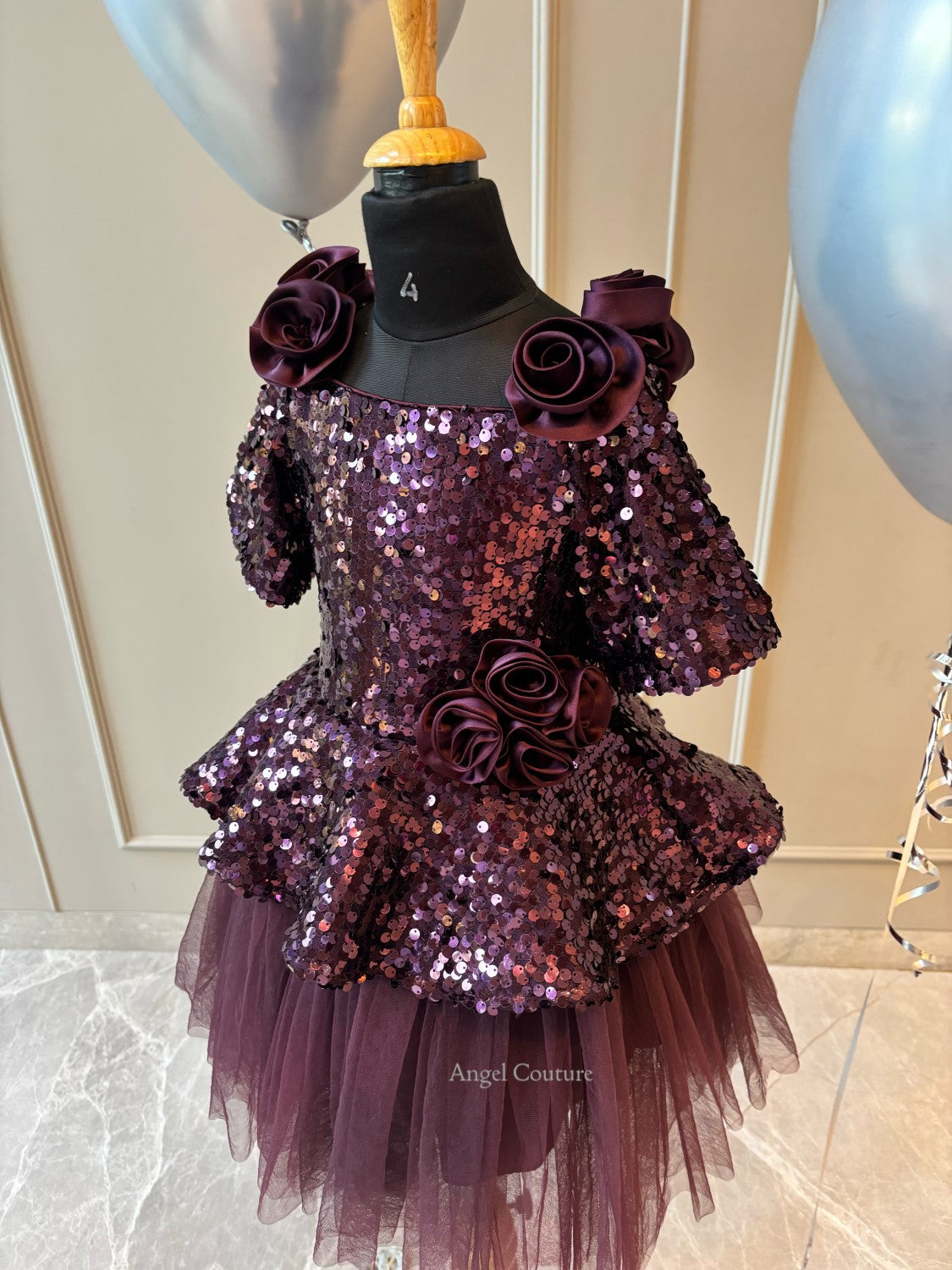 Wine Sequence Peplum Satin Rose Dress