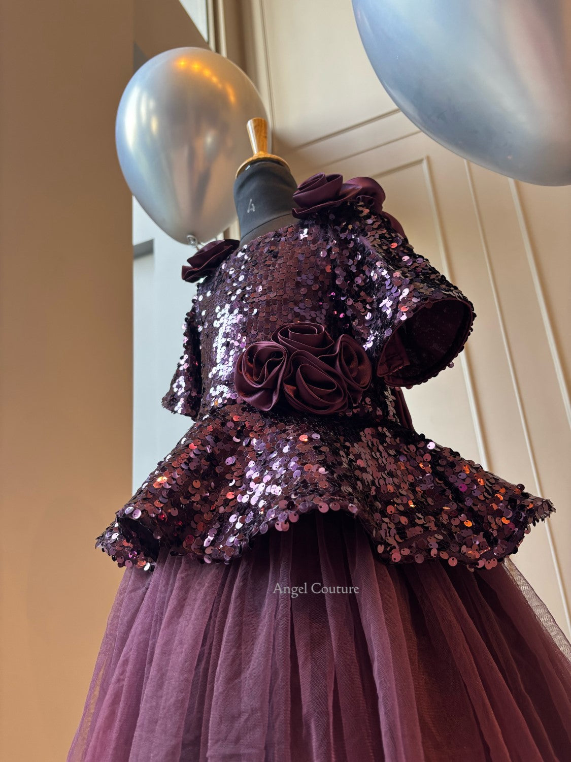 Wine Sequence Peplum Satin Rose Dress