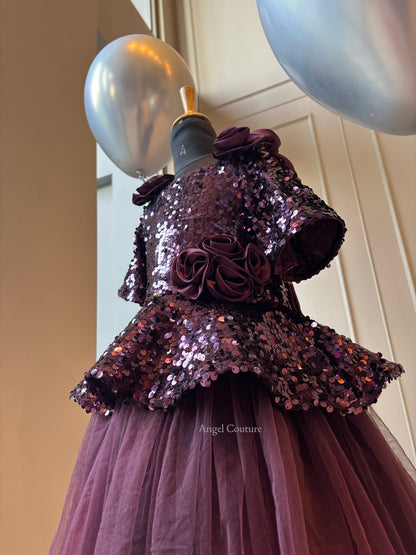 Wine Sequence Peplum Satin Rose Dress