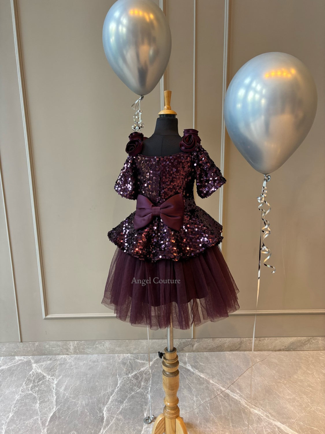Wine Sequence Peplum Satin Rose Dress