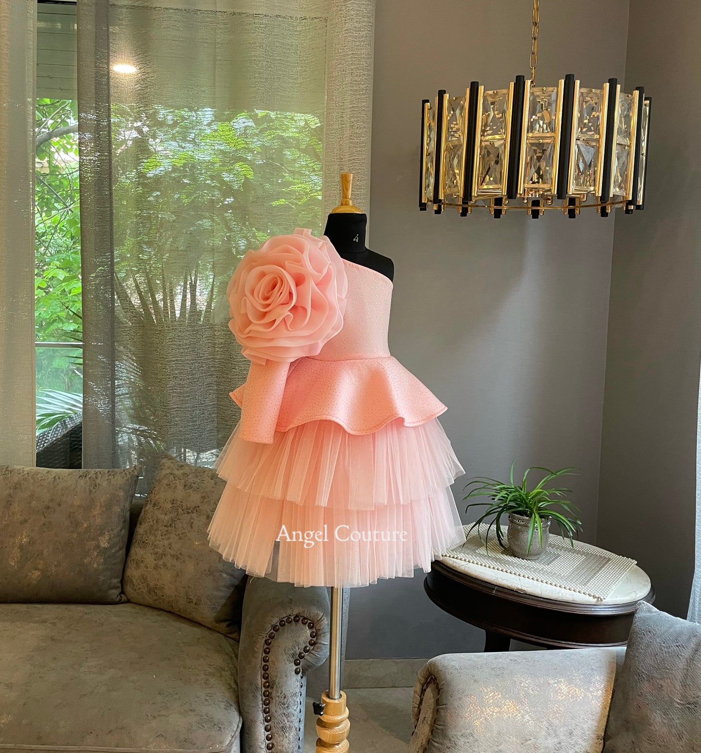 Baby Pink One Shoulder Organza Bloom Dress