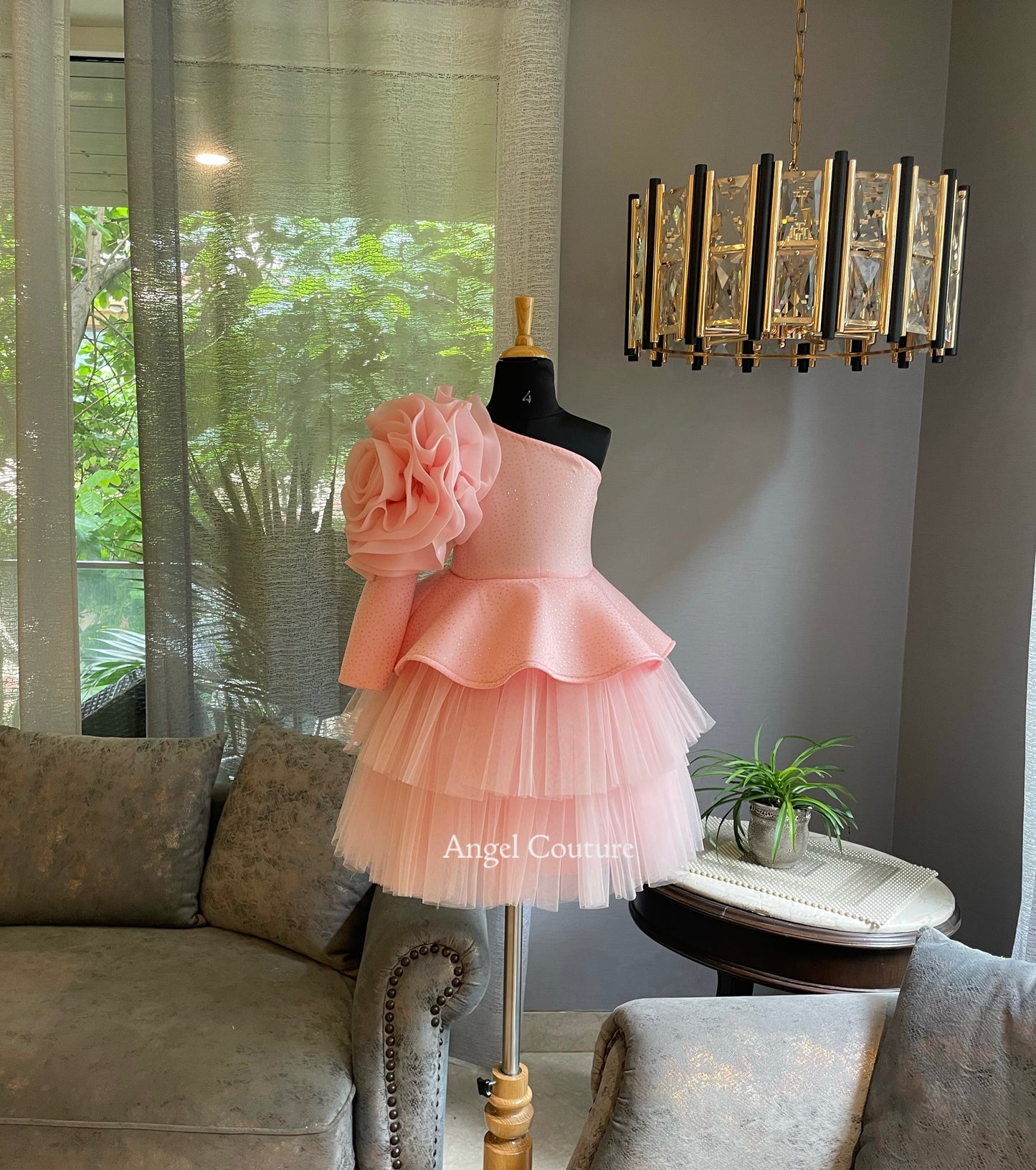 Baby Pink One Shoulder Organza Bloom Dress