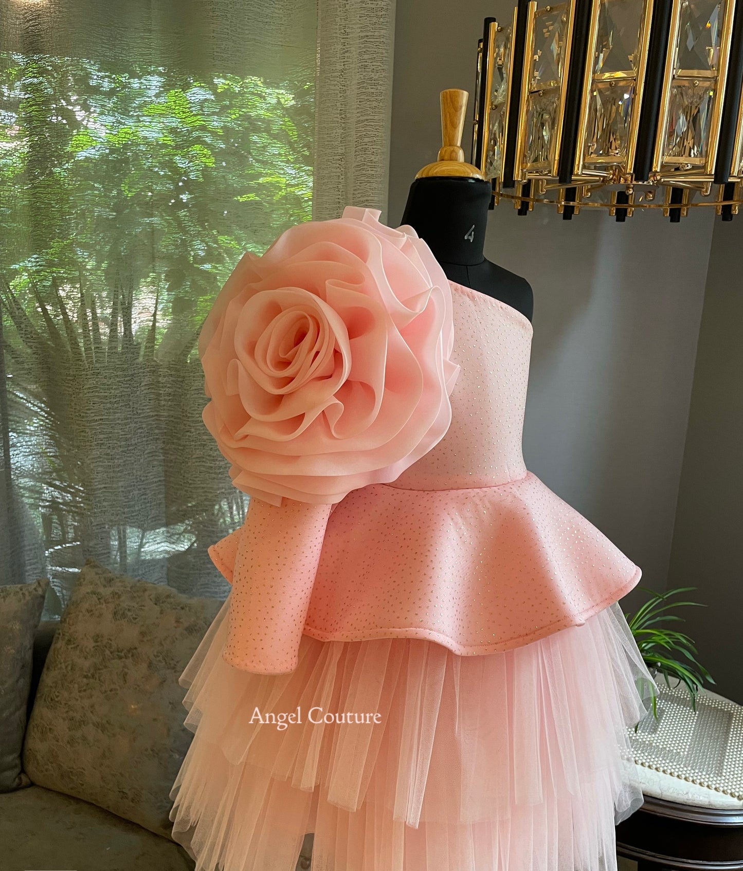 Baby Pink One Shoulder Organza Bloom Dress