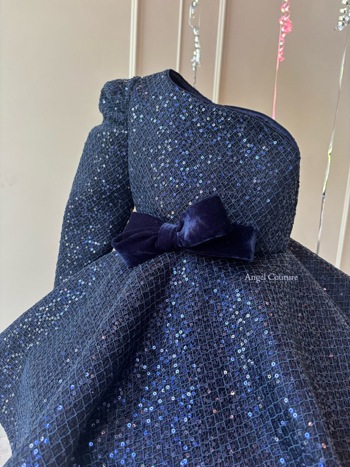 Navy Blue Sequence One shoulder Full Peplum Dress