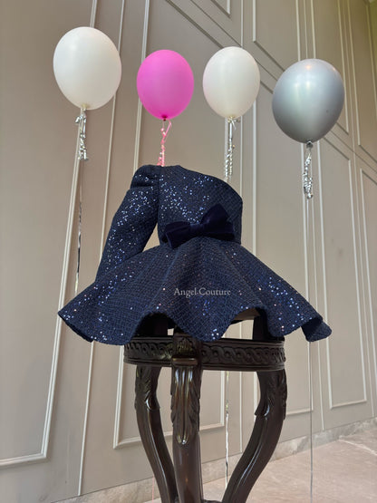 Navy Blue Sequence One shoulder Full Peplum Dress