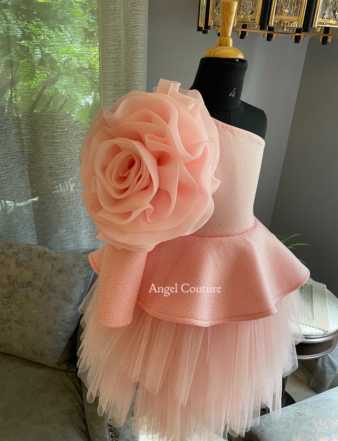 Baby Pink One Shoulder Organza Bloom Dress