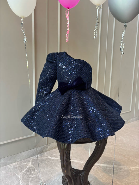 Navy Blue Sequence One shoulder Full Peplum Dress