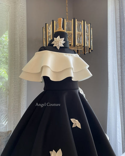 Black And Ivory Double Drape Offshoulder Dress