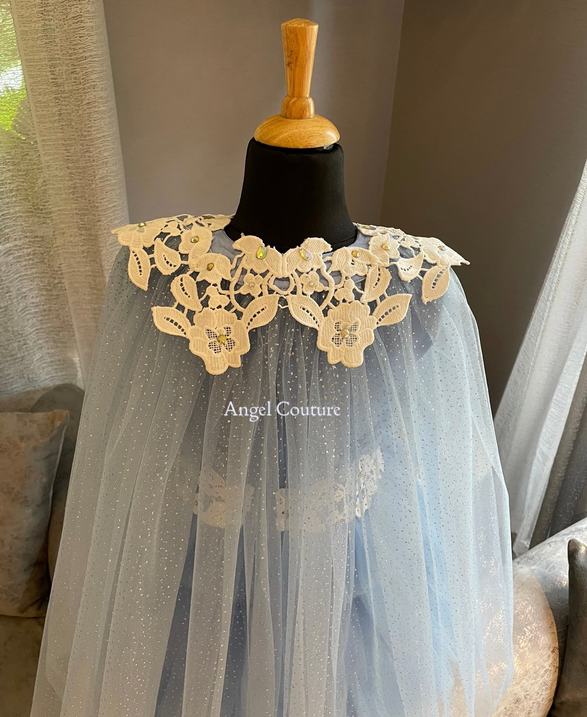 Powder Blue Ivory Lace Cape Dress