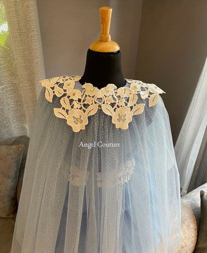 Powder Blue Ivory Lace Cape Dress