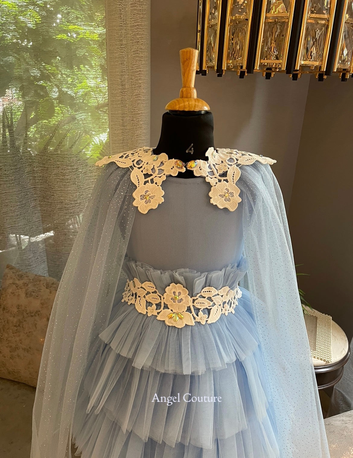Powder Blue Ivory Lace Cape Dress
