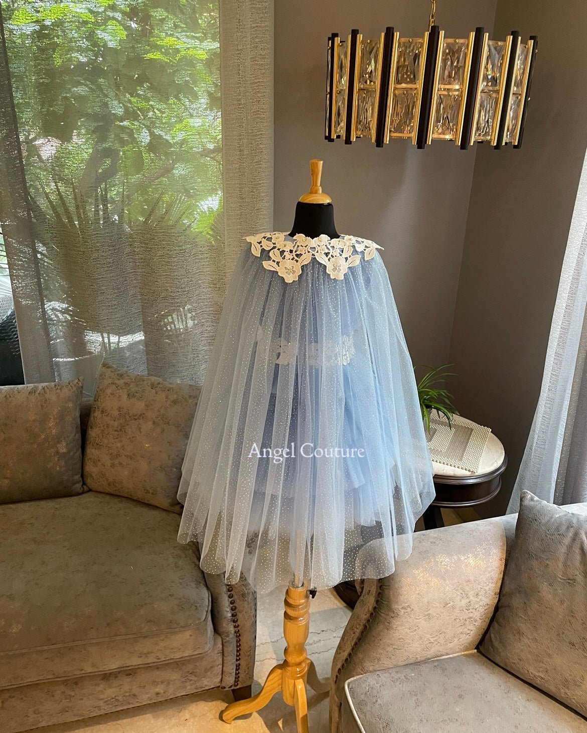 Powder Blue Ivory Lace Cape Dress