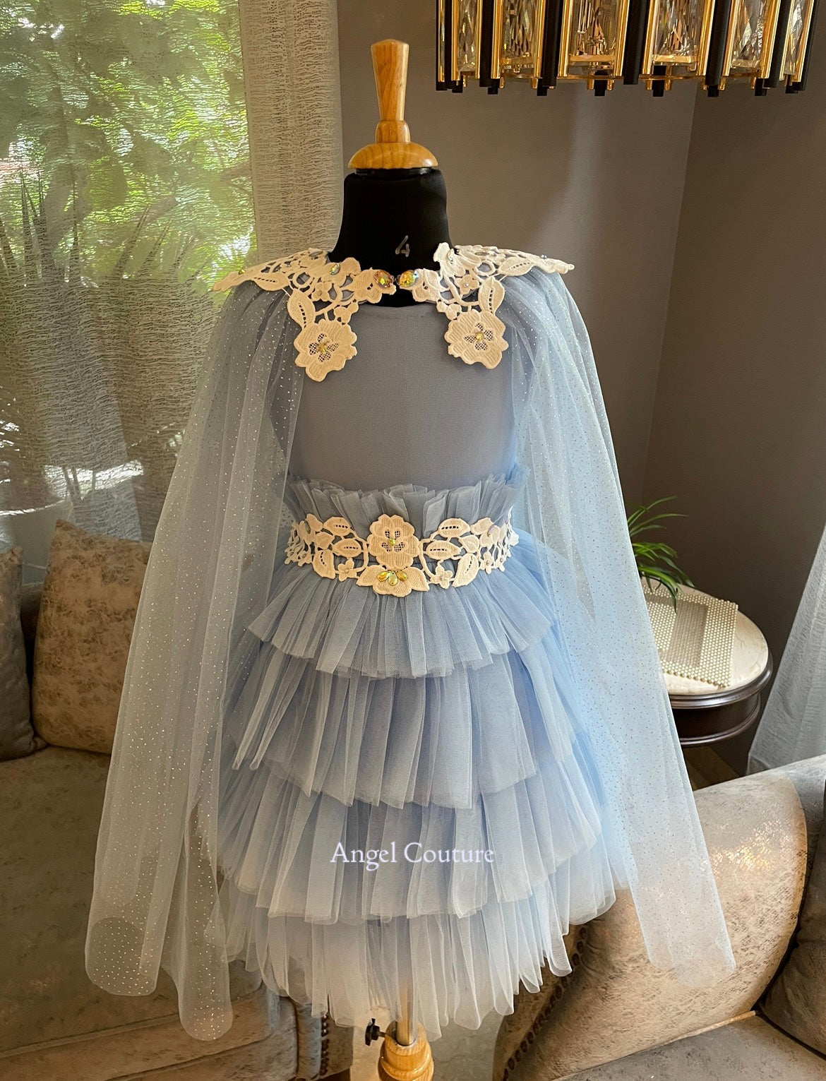 Powder Blue Ivory Lace Cape Dress