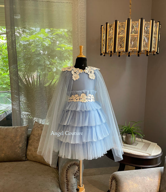 Powder Blue Ivory Lace Cape Dress