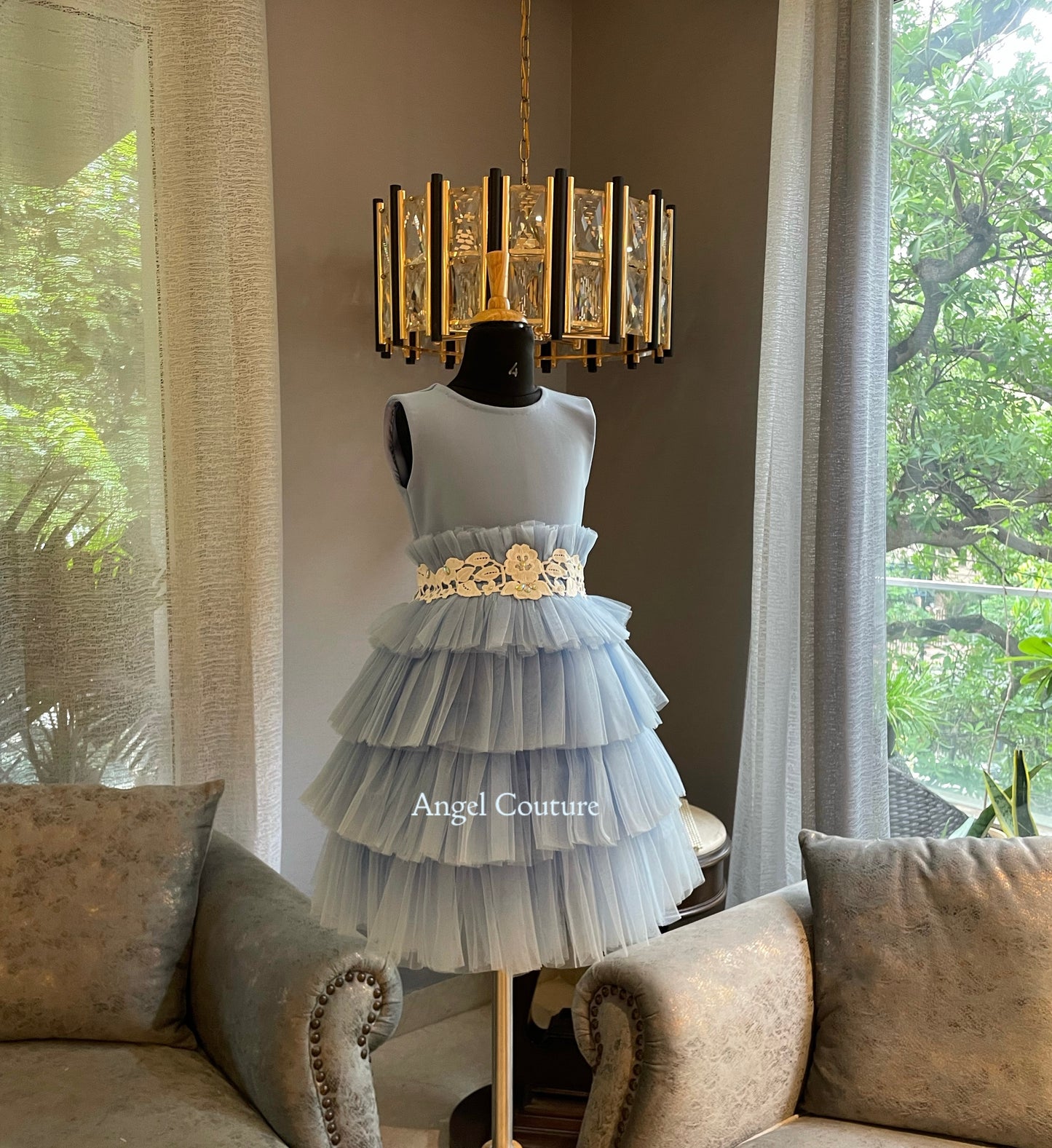 Powder Blue Ivory Lace Cape Dress