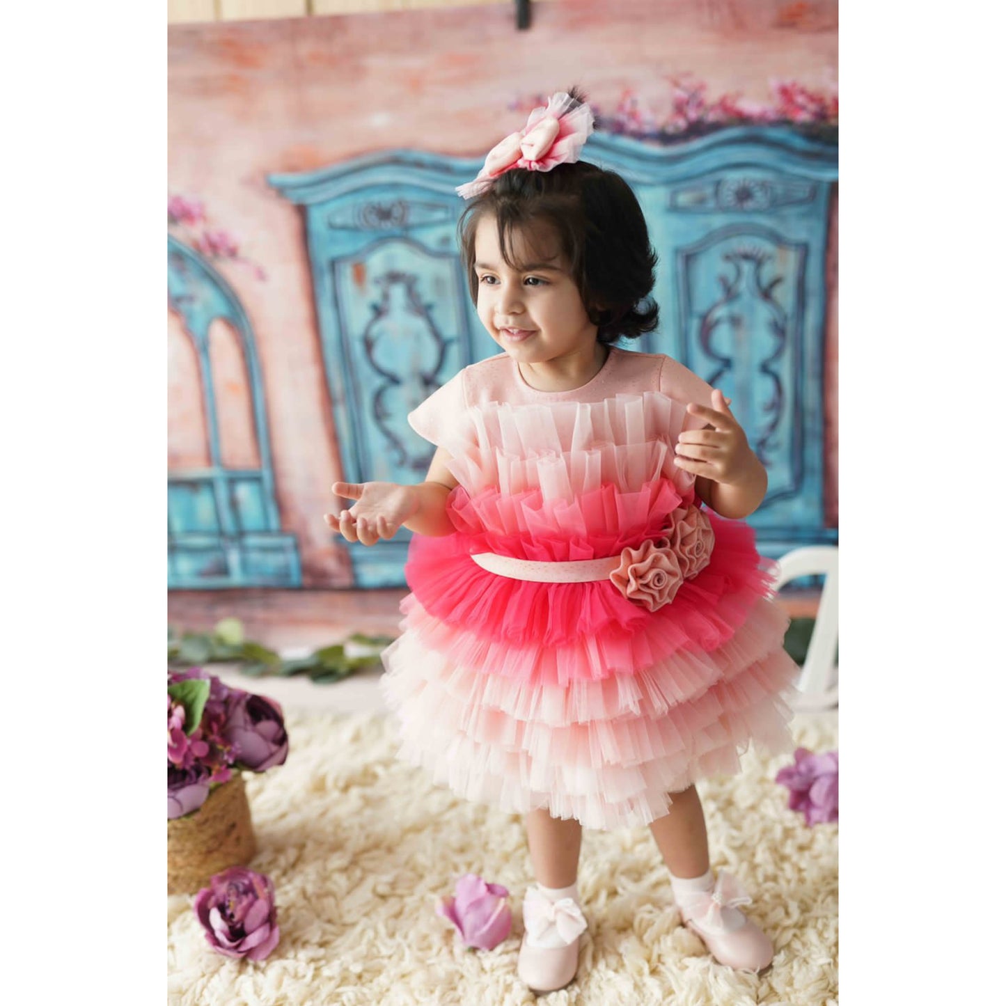 Shades Of Pink Multilayer Net Glitter Roses Dress