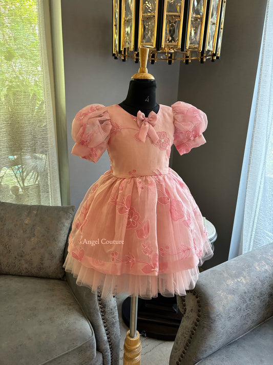 Baby Pink Self Flower Organza Dress
