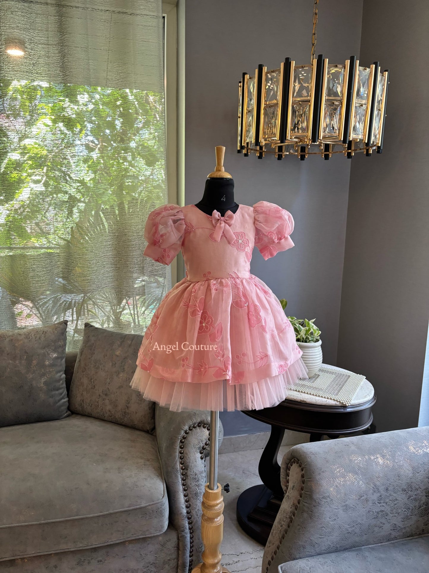 Baby Pink Self Flower Organza Dress