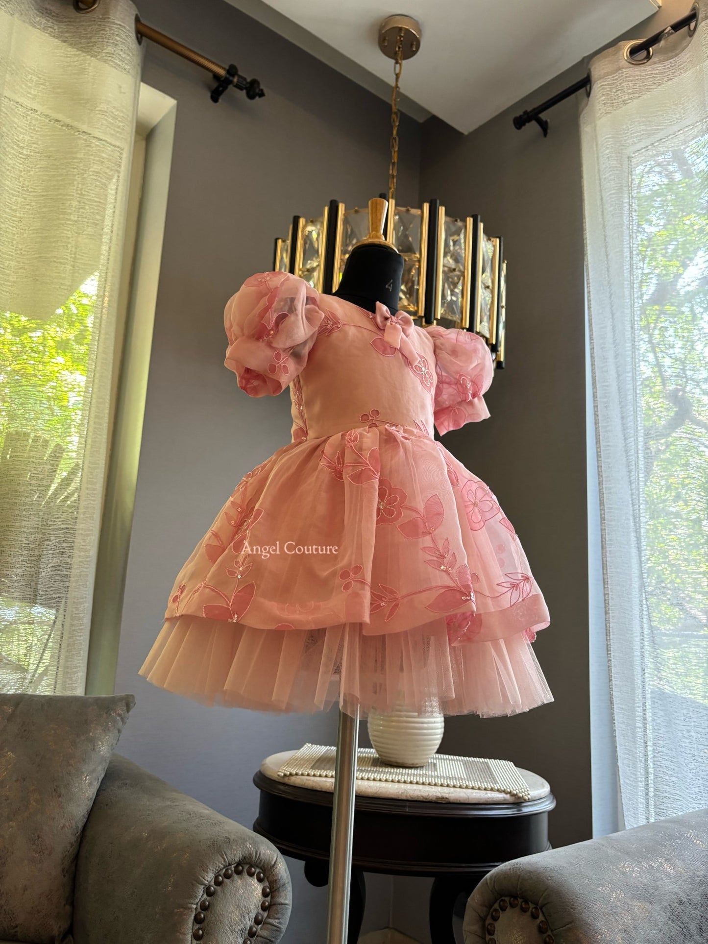 Baby Pink Self Flower Organza Dress