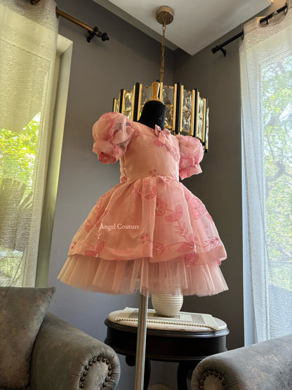 Baby Pink Self Flower Organza Dress