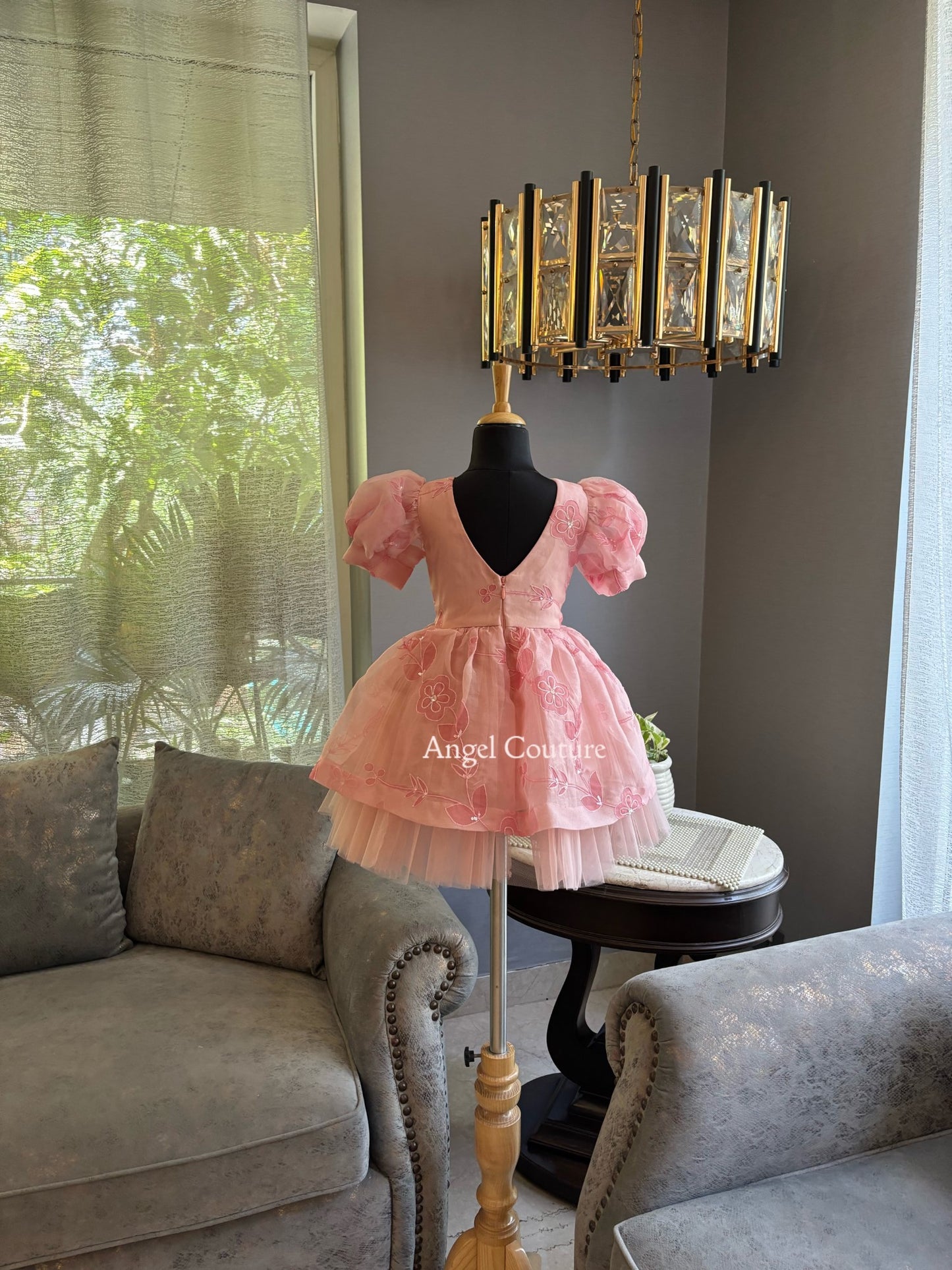Baby Pink Self Flower Organza Dress