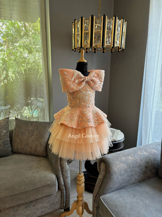 Peach Offshoulder Sequence Bow Charm Dress