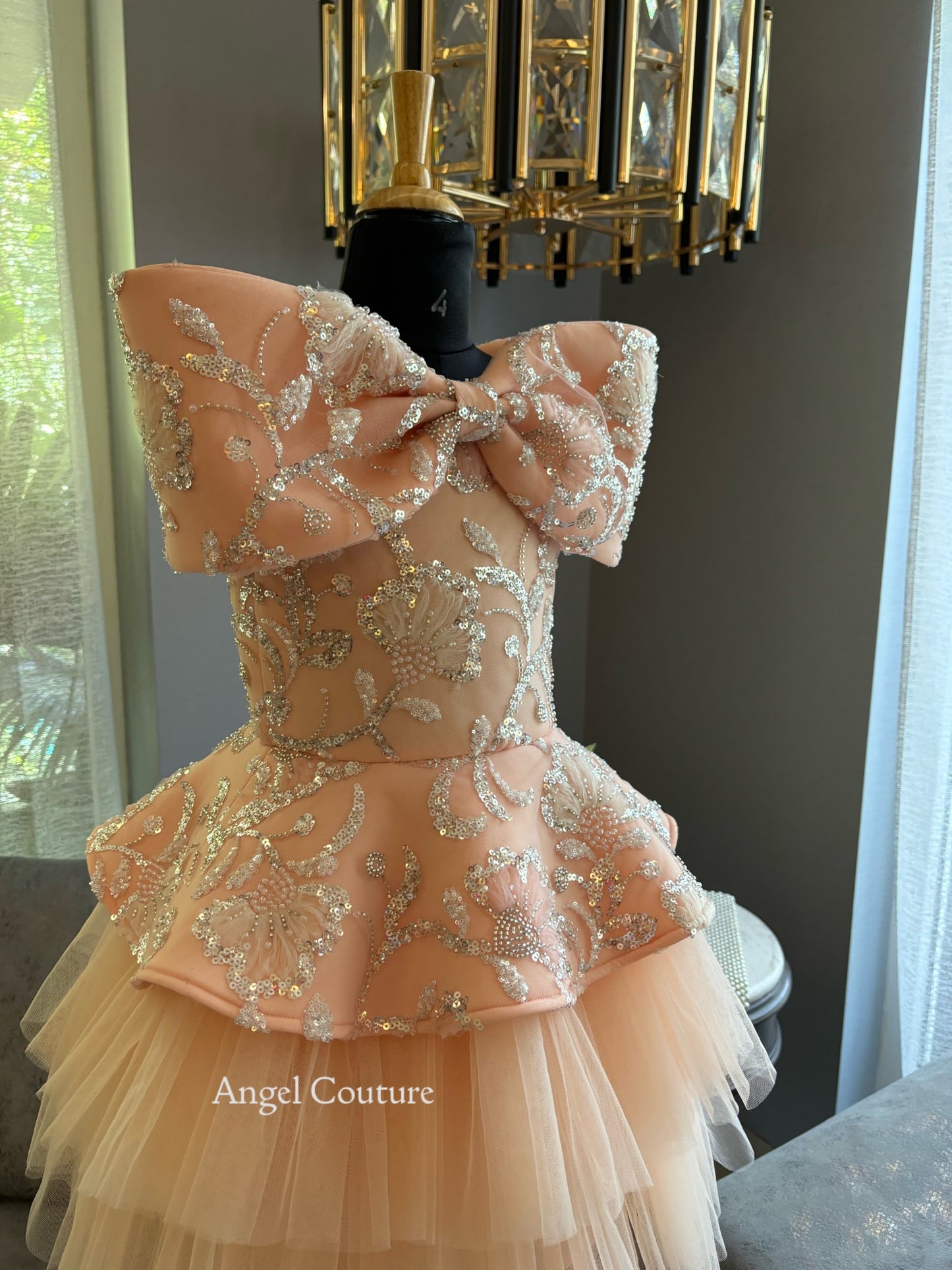 Peach Offshoulder Sequence Bow Charm Dress
