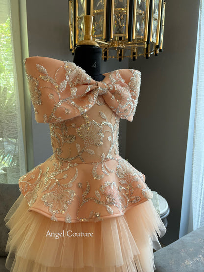 Peach Offshoulder Sequence Bow Charm Dress