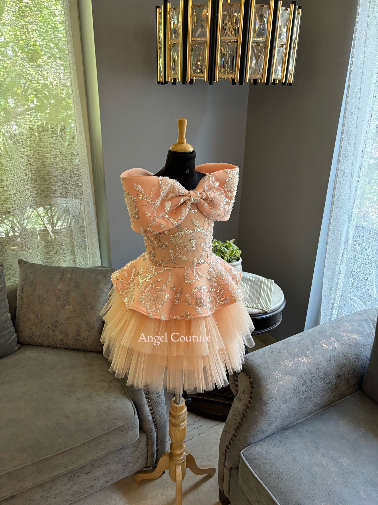 Peach Offshoulder Sequence Bow Charm Dress