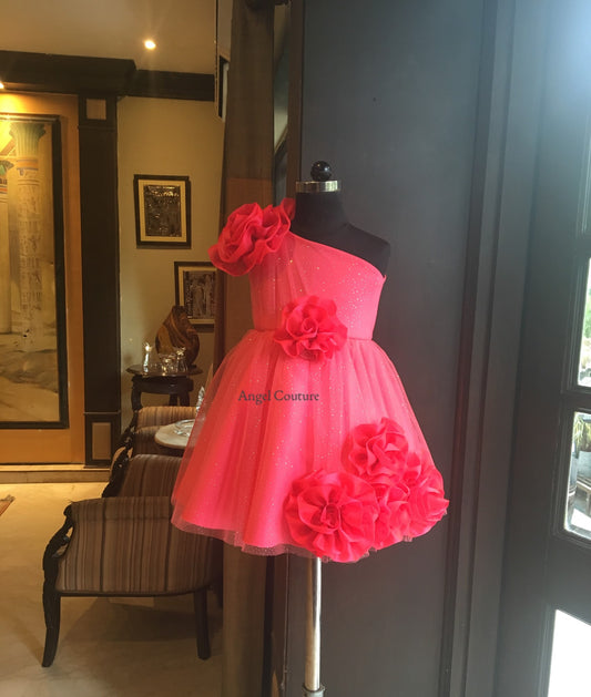 Fuchsia Pink One Shoulder 5 Rose Dress