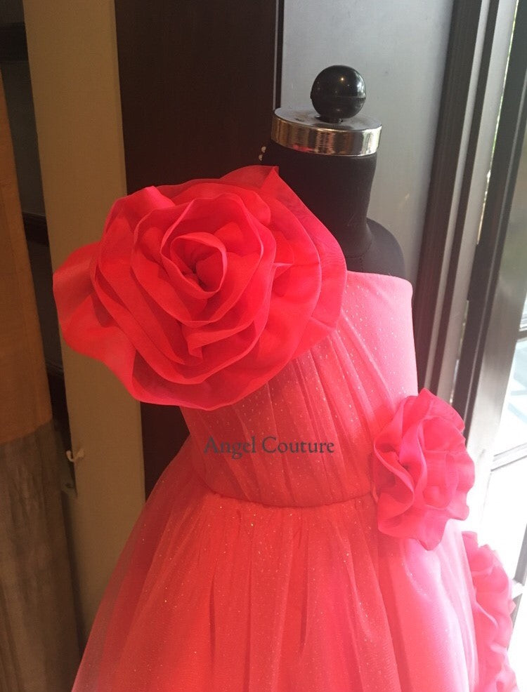 Fuchsia Pink One Shoulder 5 Rose Dress