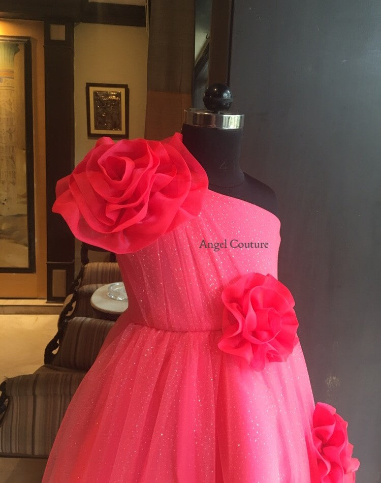 Fuchsia Pink One Shoulder 5 Rose Dress