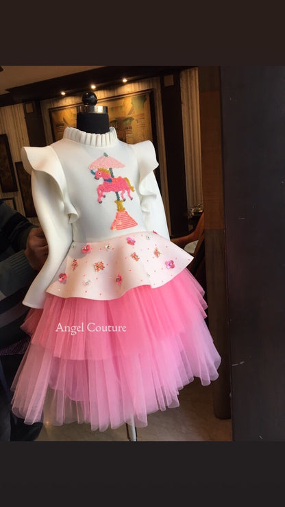Ivory Lotus Pink Unicorn Carousel Dress