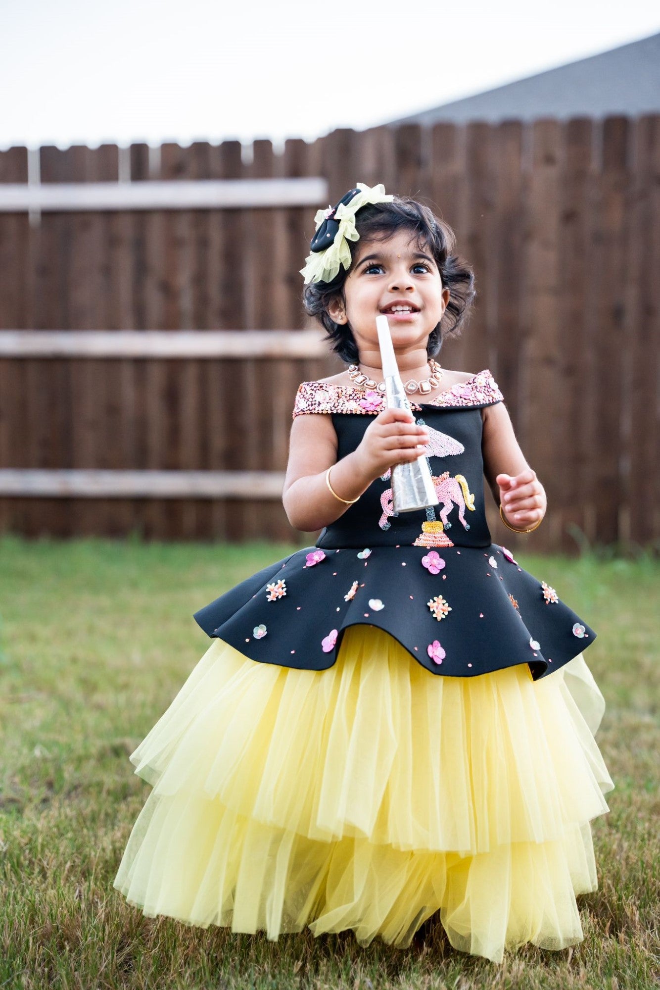 Black Yellow Unicorn Carousel Offshoulder Dress