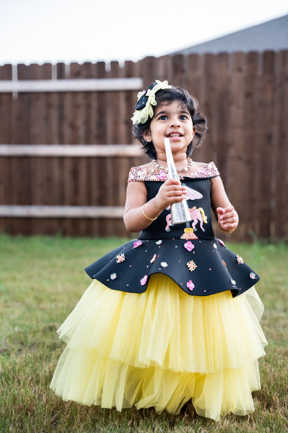 Black Yellow Unicorn Carousel Offshoulder Dress