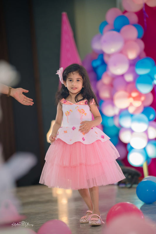 Ivory Baby Pink Offshoulder Flamingo Dress