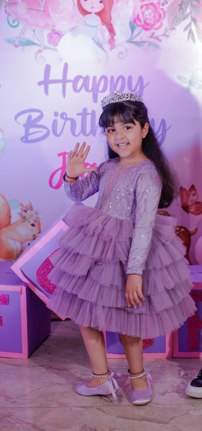 Lavender Sequence Multilayer Dress With Trail